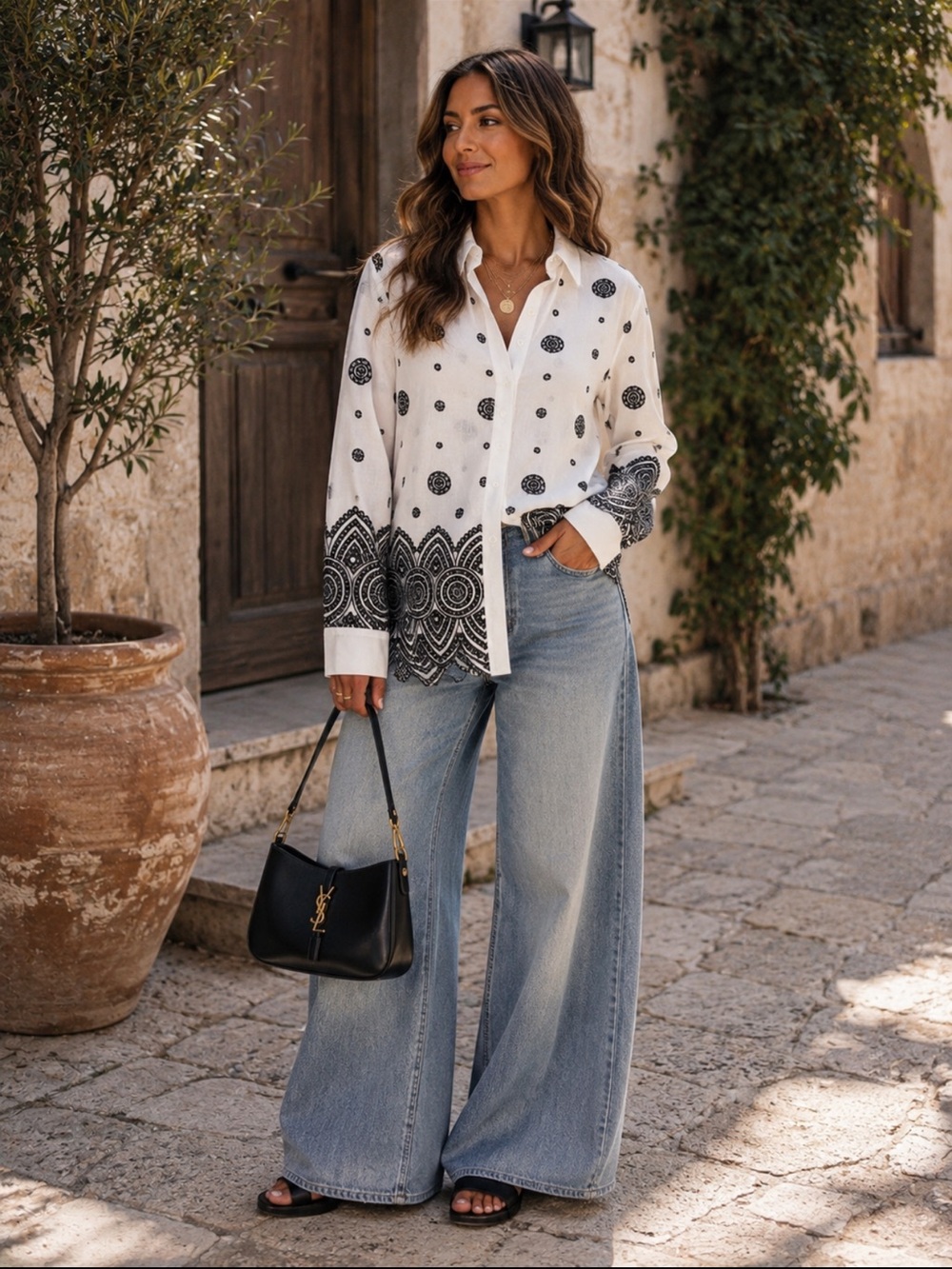 MADE IN ITALY BOHO  Embroidered Shirt with Scalloped Hem